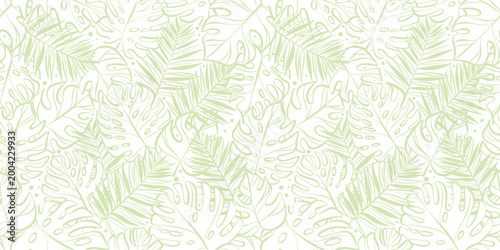 Tropical leaf vector pattern background, line art modern botanical foliage palm leaves illustration