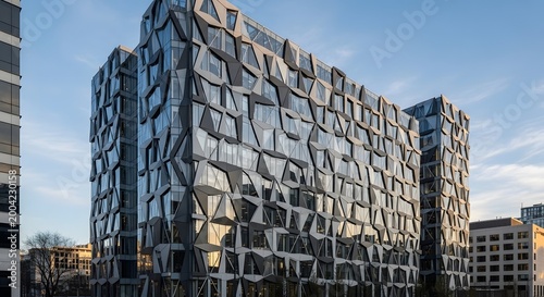Striking contemporary building with a unique geometric facade, bathed in natural light