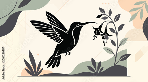 A black silhouette of a hummingbird in flight approaching a flower with its beak on a beige background with green and orange accents