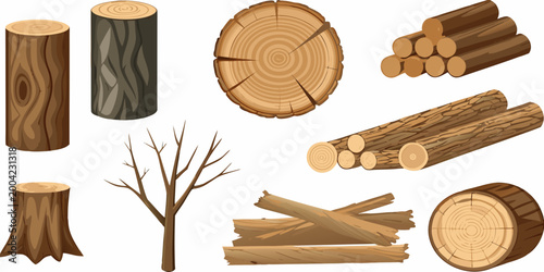 Wood logs and branches collection vector illustration on white background