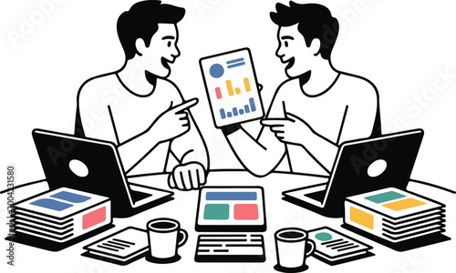 Startup founders discussion scene with laptops and other documents
