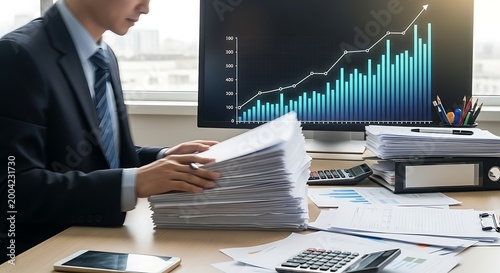 Businessman analyzing financial growth with large stack of documents and growing bar chart on computer screen in office