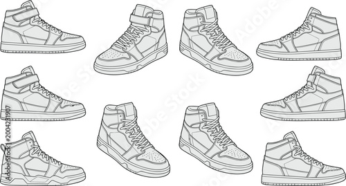 Collection of high top sneaker line drawings modern footwear fashion sketches detailed casual shoe illustrations high quality professional elegant stylish clean crisp vibrant