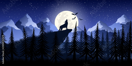 A landscape with trees, mountains, starry sky, moon, howling wolf