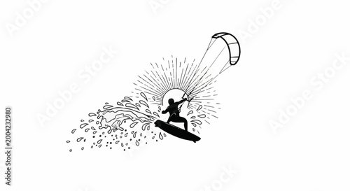 Black silhouette of kite surfer jumping water splashes with stylized sun rays