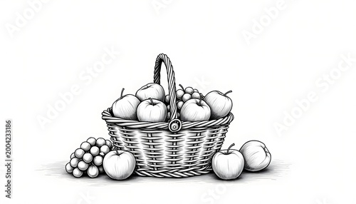 A meticulously detailed black-and-white illustration of a woven wicker basket filled with fresh apples and grapes