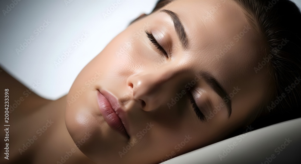 Naklejka premium Close-up of a young woman's serene face with closed eyes, resting peacefully in soft, gentle light, conveying tranquility and relaxation.