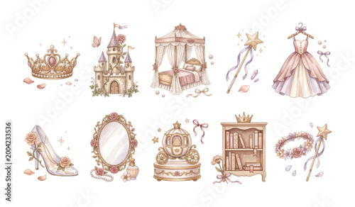 Watercolor Soft Realistic Princess Nursery Clipart Set– Crown Castle Canopy Bed Magic Wand Princess Dress Glass Slipper Vanity Mirror Music Box Carriage Bookshelf Flower Crown Bundle, Boho Royal Girls