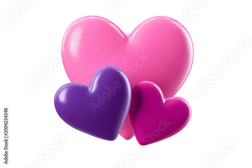 Glossy pink heart with two purple hearts isolated on white background png