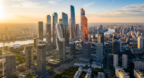 Expansive aerial cityscape at sunset, with numerous towering skyscrapers bathed in the warm, golden light of the declining sun, overlooking a vast urban sprawl