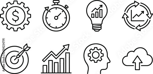 Business growth and efficiency icons set with finance gear stopwatch idea analytics workflow target mindset and cloud upload symbols vector illustration