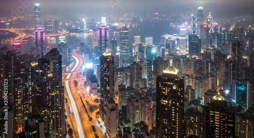 Breathtaking aerial view of a vibrant modern city illuminated at night, with dazzling skyscraper lights and busy traffic creating dynamic light trails over water