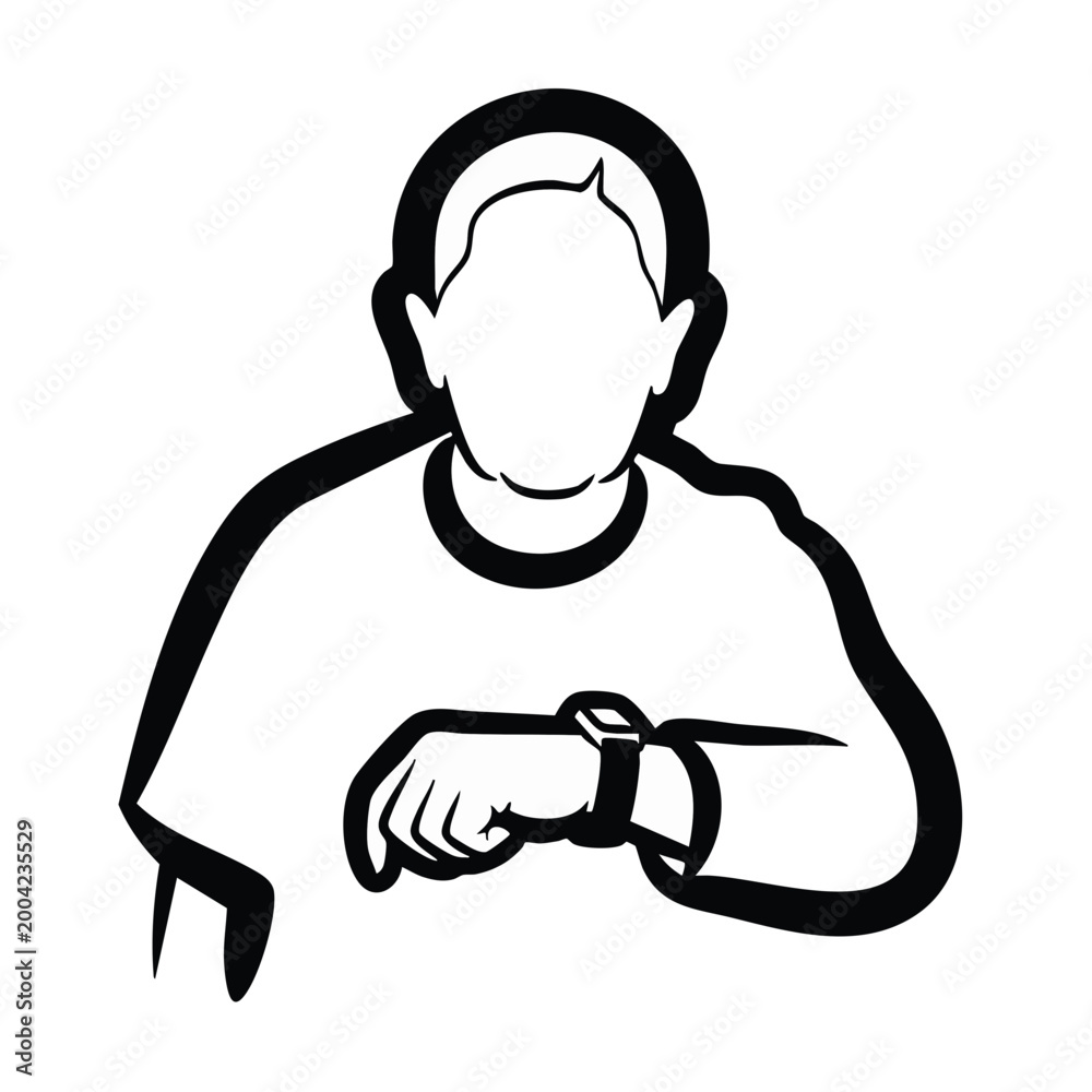 Obraz premium Person checking wristwatch minimalist outline vector illustration. Time management and punctuality concept. Isolated on transparent background