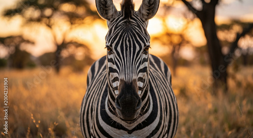 Striking plains zebra portrait with an intense gaze in the golden light of sunset