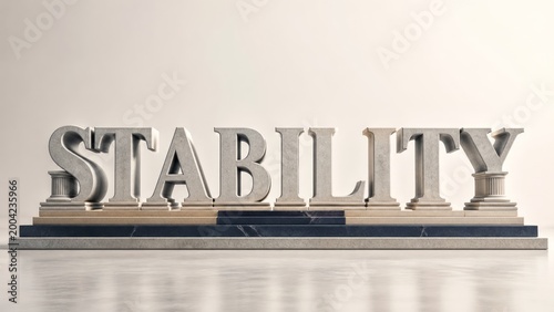 Stability word sculpture in stone with classical columns and marble foundation symbolizing strength, security and balance. AI generative
