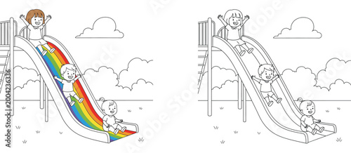 Obraz na plátne Kids playing on a rainbow slide coloring book page with colored reference and black and white line art vector for children's educational activities and creative painting practice