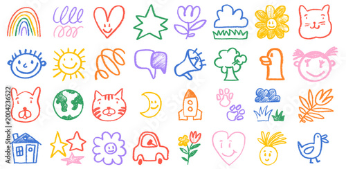 Set of hand drawn colorful funny children doodle icon. Cute happy kid drawing symbol wallpaper print, diverse education concept background texture. Children's vector style, charcoal crayons.