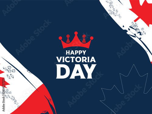 Happy Victoria Day Canada Banner with Maple Leaf and Red Crown for Patriotic Celebration