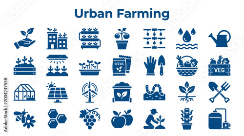 Urban farming icons set illustrating sustainable agriculture and modern food production in city environments with diverse elements like plants, buildings, and technology