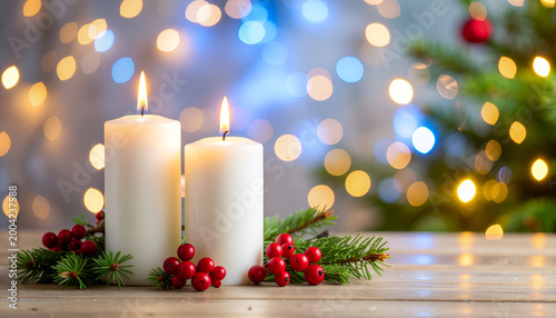 White candles with holly and bokeh Christmas lights on wooden table.