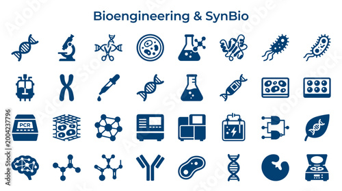 Bioengineering and Synthetic Biology Icons Set Representing DNA Cells Microbes Lab Equipment and Scientific Research Concepts