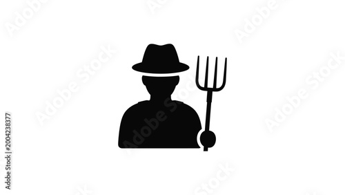 Minimalist icon of a farmer wearing a hat and holding a pitchfork.