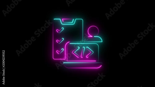 developer workflow and project management neon icon on black background, software development coding and task checklist concept neon cyand and pink  outline icon on b lack background in 4k video.