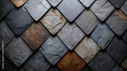 close-up of slate roof tiles in gray and brown hues
