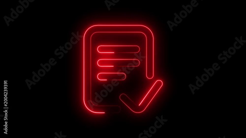 Futuristic vibrant neon blue document icon with checkmark glowing steadily against a deep black void - 4k minimalist digital motion graphic.
