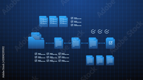Digital document management workflow automation system with file processing, task checklist and data flow diagram.