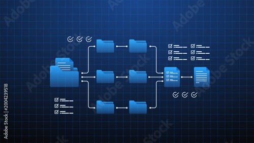 Document management workflow system with folder structure, file processing pipeline and task checklist integration.