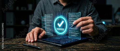 Digital verification process in business office environment technology content close-up viewpoint demonstrating modern document validation techniques