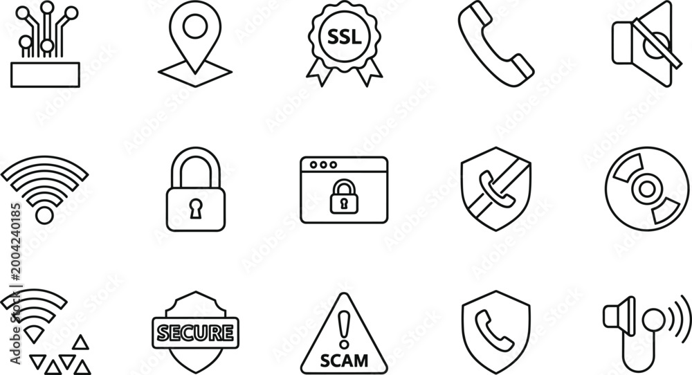 Fototapeta premium Cyber security and communication outline icons set featuring ssl lock wifi shield phone privacy protection network symbols