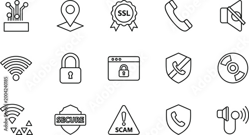 Cyber security and communication outline icons set featuring ssl lock wifi shield phone privacy protection network symbols