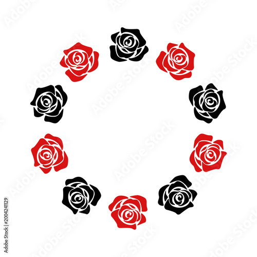 A wreath frame made of black and red roses. A flat illustration of a floral wreath