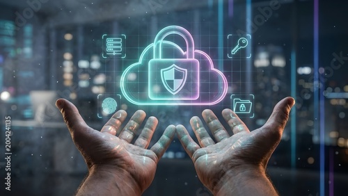 A conceptual image of digital security, showcasing hands cradling a glowing cloud with a padlock and shield symbol, symbolizing data protection and privacy