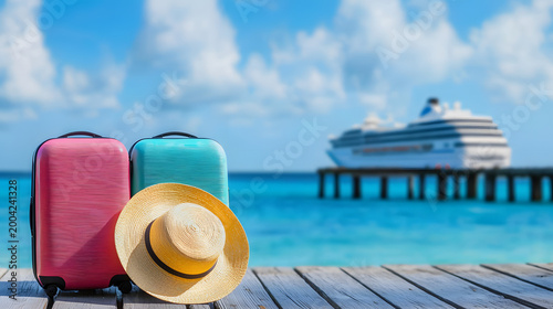 A straw beach hat lying next to travel suitcases on a wooden pier overlooking a cruise ship under a clear blue sky - summer travel, vacation planning, tourism concept