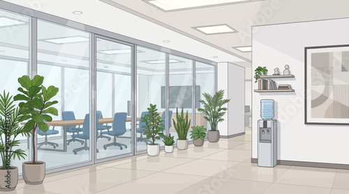 A modern office building interior with plants and a water cooler