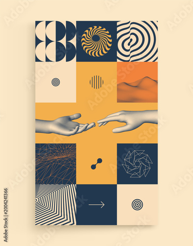 Hands reaching out to each other. Concept of human relationship, unity or partnership. Abstract geometric pattern. Mosaic. Vector for poster, cover, brochure, card, presentation, flyer or banner.м