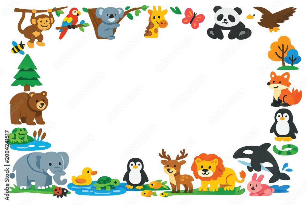Obraz premium Colorful cartoon animals border frame with various wildlife creatures