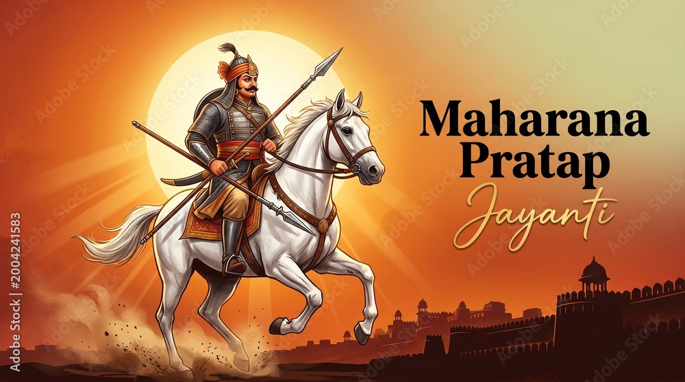 Naklejka premium Maharana Pratap statue warrior on horse with sunset sky india heritage pride historical monument tribute celebration poster design background
