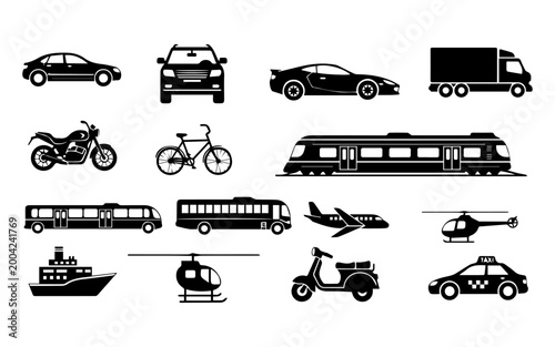 Transportation icons, vehicle silhouettes, 15 black and white icons, car, truck, bus, bike, plane
