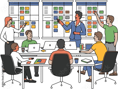 Agile sprint planning scene in modern startup office with task boards