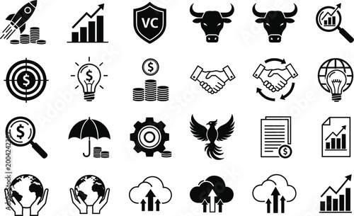 Business finance investment and protection solid icons set including growth shield bull handshake cloud analytics money concepts