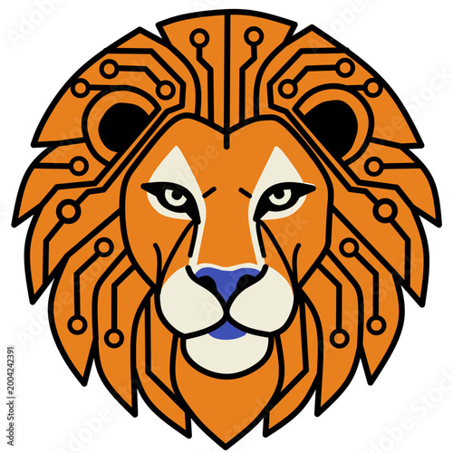 Futuristic Cyber Lion Logo with Circuit Board Mane Tech Emblem