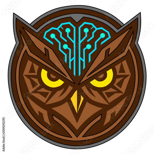 Futuristic Cyber Owl Logo with Glowing Blue Circuit Brain and Brown Emblem