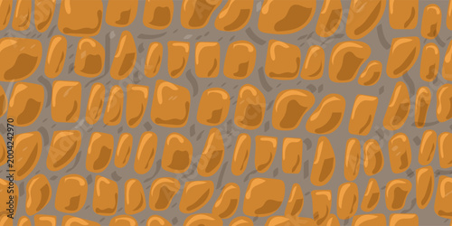 Abstract brown paving stone seamless patten. Vector cobblestone mosaic shapes natural brown textured background. Rubble stone print. Geometric gravel tile texture for fabric, textile, fashion