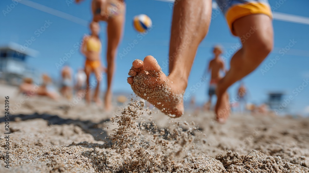 Obraz premium Sunlit sand erupts beneath a kicking foot. Beach volleyball players blur in motion