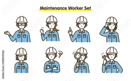 メンテナンス作業員の男女8人ポーズセット｜ヘルメット・作業着・別キャラ・多職種