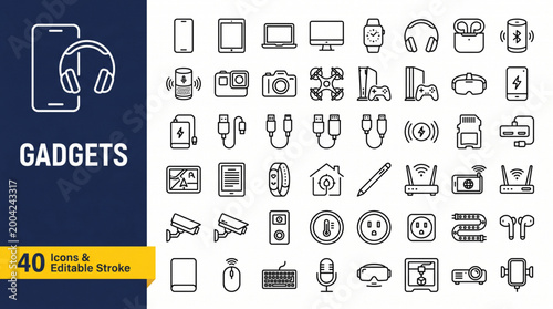 Gadgets icons set with smartphone, tablet, laptop, headphones, and drone